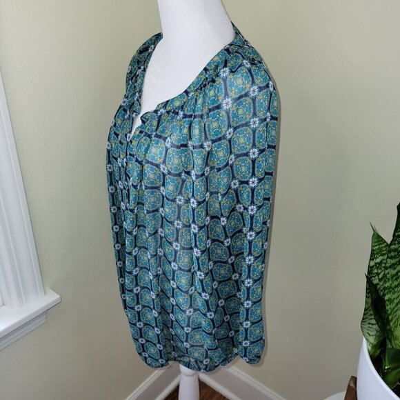 Liz Claiborne Green Blue Print Popover 3/4 Sleeve Boho Chiffon Blouse Women SZ L - Picture 3 of 13